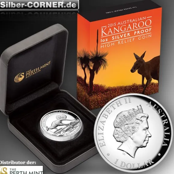 Australien Känguru 1 Oz Silber High Relief 2015 + Box*