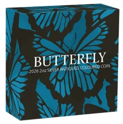 Butterfly 2 Oz Silber Antik-Finish coloriert 2026 + Box + Zertifikat