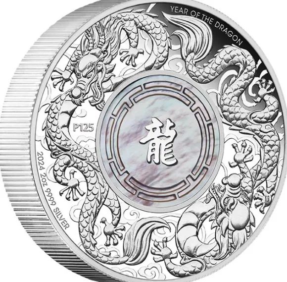 Double Dragon with Mother of Pearl 2 Oz Silber Proof 2024 +Box +COA*