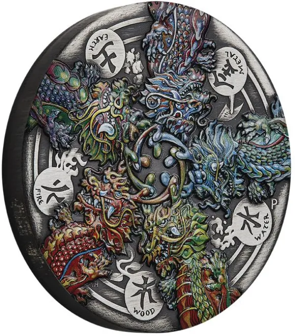 Dragon and the five elements 5 Oz Silber Antik Finish +Box +COA*
