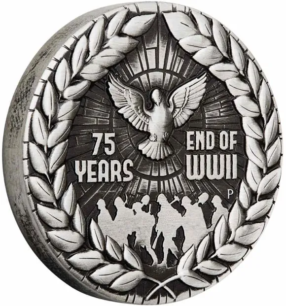 End of WW2 75th Anniversary 2 Oz Silber Antik +Box +COA*