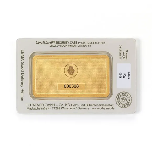 50 Gramm Goldbarren C. Hafner geprägt