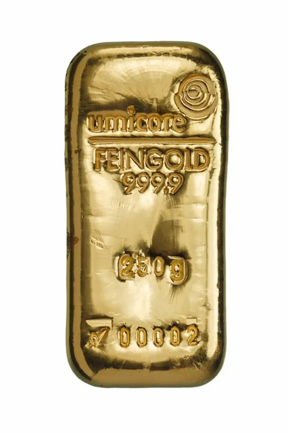 250 Gramm Goldbarren Umicore gegossen