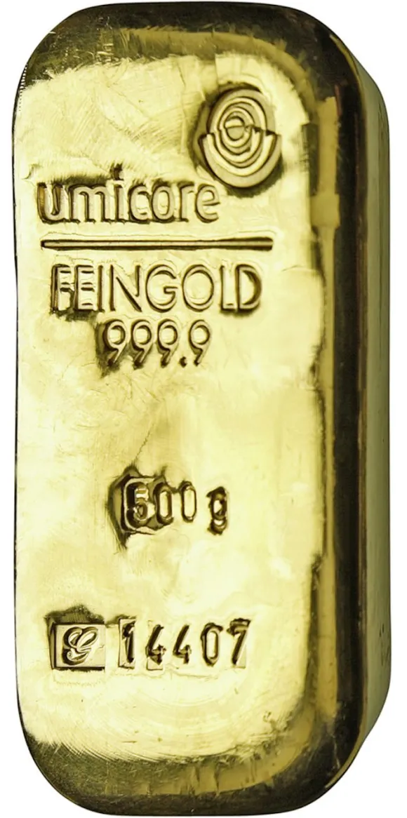 500 Gramm Goldbarren Umicore gegossen