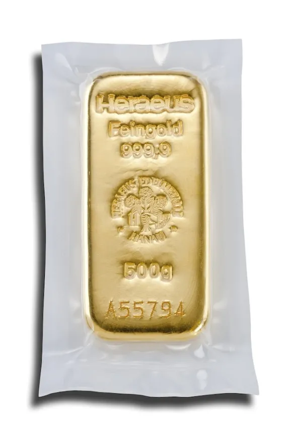 500 Gramm Heraeus Goldbarren gegossen