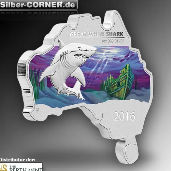 Great White Shark 1 Oz Silber Map Shaped Coin*