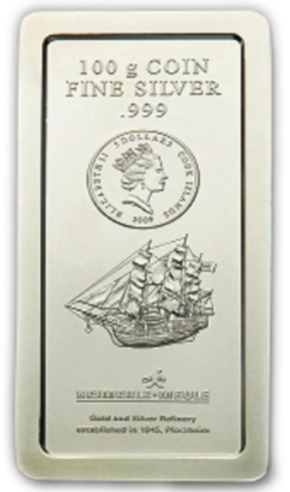 Heimerle + Meule 100 Gramm Silber Münzbarren Cook Island 5 CID*