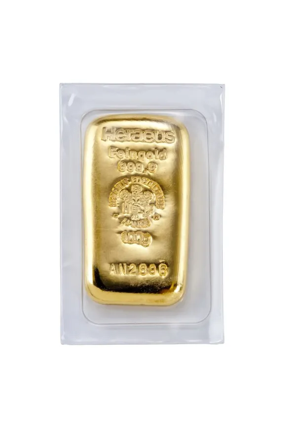 Heraeus 100 Gramm Goldbarren gegossen