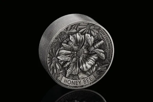 Honey Bee - 2 Kg Silber Antik Finish High Relief 2024 + Box +COA*