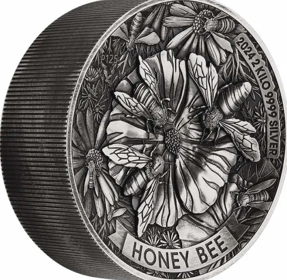 Honey Bee - 2 Kg Silber Antik Finish High Relief 2024 + Box +COA*