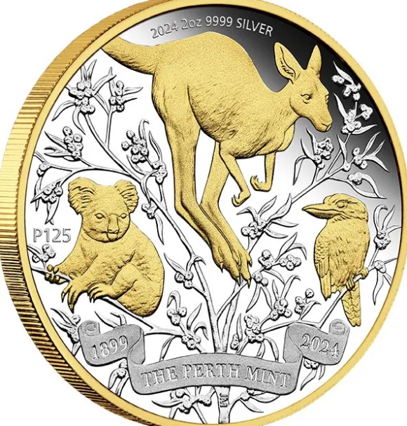 125 Jahre Perth Mint 2 Unzen Silber Proof vergoldet + Box +COA