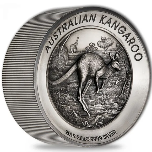 Känguru 2 KG Silber - High Relief - Antik Finish +Box 2019*