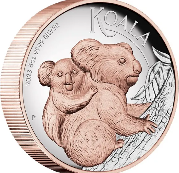 Koala 5 Unzen Silber High Relief Vergoldet 2023 +Box +COA *