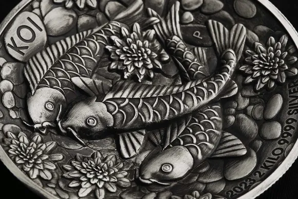 Koi Fish 2 KG Silber High Relief - Antik Finish 2023 + Box + COA*