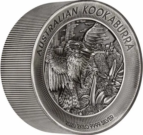 Kookaburra 2 KG Silber Antik Finish High Relief 2020 +Box +COA*