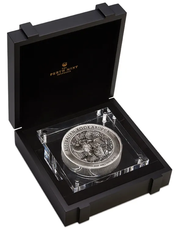Kookaburra 2 KG Silber Antik Finish High Relief 2020 +Box +COA*