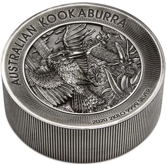 Kookaburra 2 KG Silber Antik Finish High Relief 2020 +Box +COA*