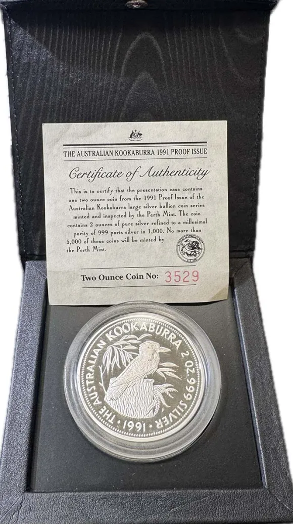 Kookaburra 2 Oz Silber Proof 1991 +Box +COA*