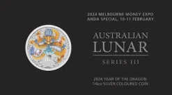 Lunar - Drache - Melbourne Expo 1/4 oz Silber farbig 2024 im Blister*