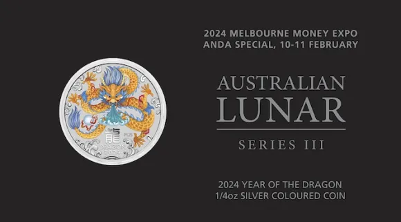 Lunar - Drache - Melbourne Expo 1/4 oz Silber farbig 2024 im Blister*