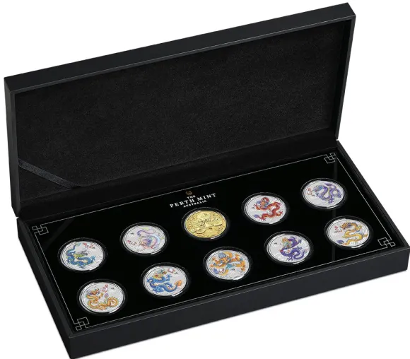 Lunar 3 - Drache - Ten-Coin Set 1/2 Oz Silber farbig / vergoldet 2024 + Box + Zertifikat*