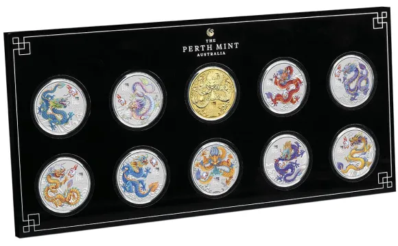 Lunar 3 - Drache - Ten-Coin Set 1/2 Oz Silber farbig / vergoldet 2024 + Box + Zertifikat*