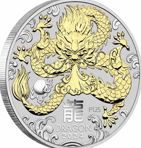 Lunar 3 - Drache - 1 Unze Silber - vergoldet - 2024 mit Zertifikat