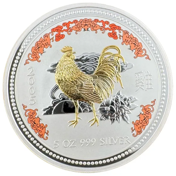 Lunar I - Hahn - 5 OZ Silber gilded farbig 2005 *