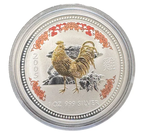 Lunar I - Hahn - 1 Oz Silber gilded farbig 2005*