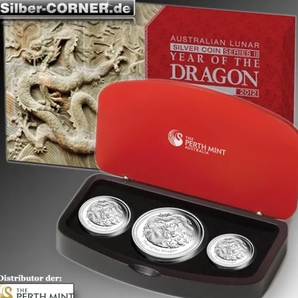 Lunar II - Drache - 3-Coin Set Proof Silber 2012 + Box + COA *