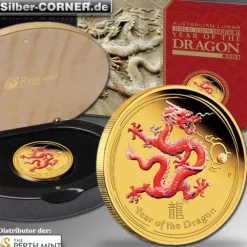 Lunar II Drache 1/10 oz farbig Proof Gold + Box + COA