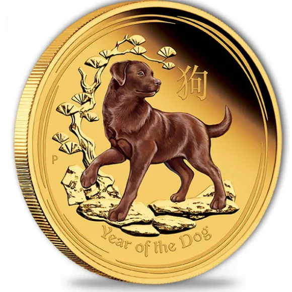 Lunar II - Hund - 1 Oz Gold Proof - farbig - Box + COA