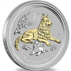 Lunar II - Hund - 1 Oz Silber vergoldet + Zertifikat *