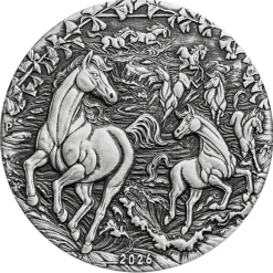 Lunar III - Pferd - 2 Oz Silber Antik Finish 2026 +Box +COA