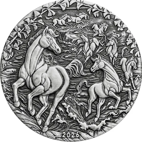 Lunar III - Pferd - 2 Oz Silber Antik Finish 2026 +Box +COA