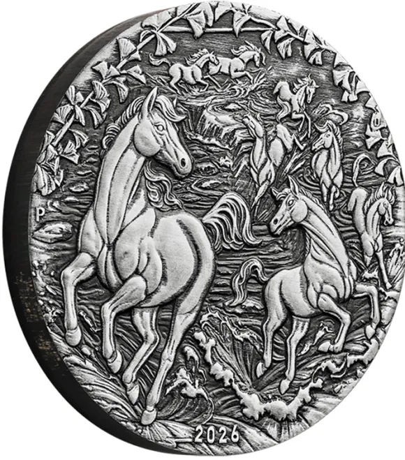 Lunar III - Pferd - 2 Oz Silber Antik Finish 2026 +Box +COA