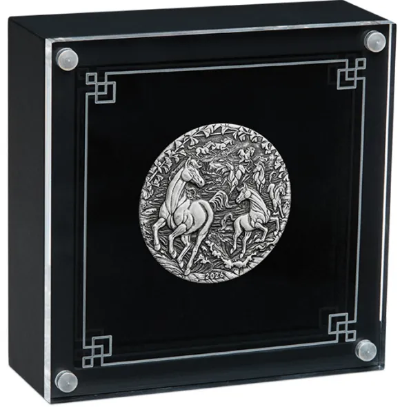 Lunar III - Pferd - 2 Oz Silber Antik Finish 2026 +Box +COA