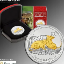 Lunar II Maus 1 Oz gilded 2008 + Box + Zertifikat *