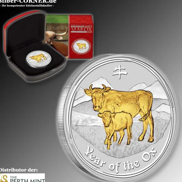 Lunar II Ochse 1 Oz Silber gilded 2009 + Box + Zertifikat*