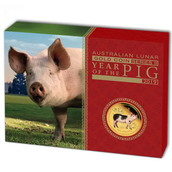 Lunar II - Schwein - 1 Unze Gold Proof farbig +Box +COA