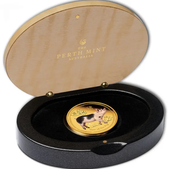 Lunar II - Schwein - 1 Unze Gold Proof farbig +Box +COA