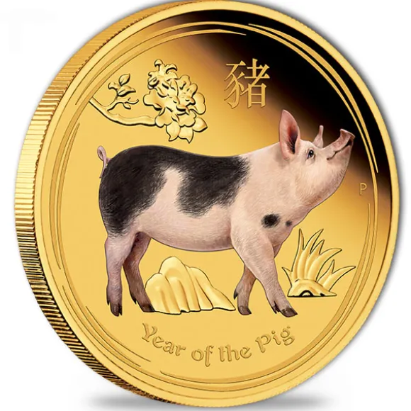 Lunar II - Schwein - 1 Unze Gold Proof farbig +Box +COA