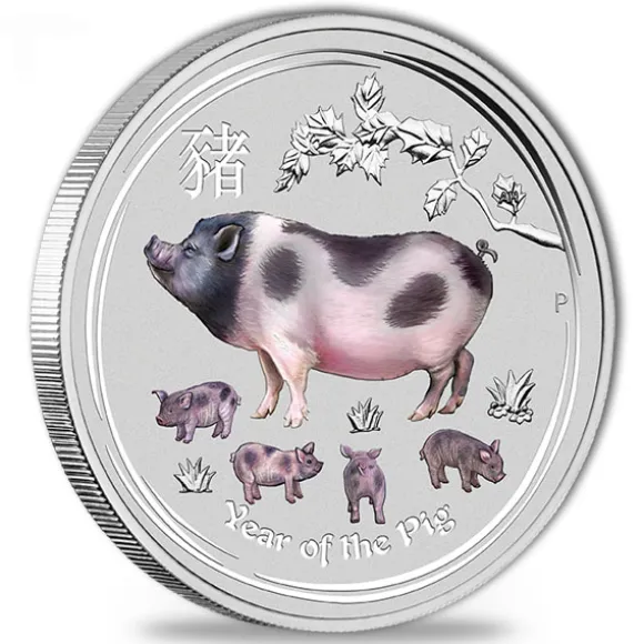 Lunar II - Schwein - 2 Unzen Silber farbig *