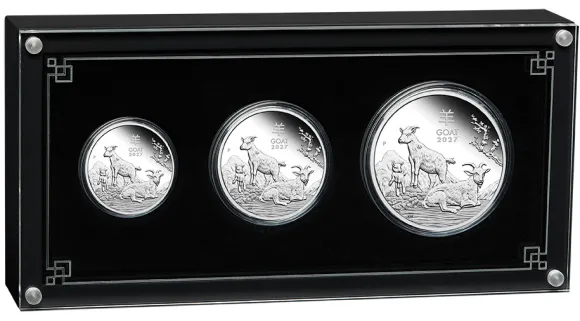 Lunar 3 Ziege 3-Coin Set Silber Proof +Box +COA