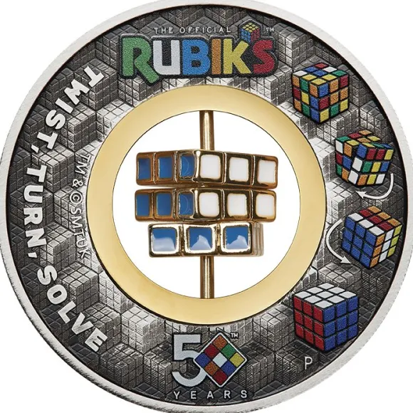 Rubiks Cube - 50 Jahre - 2 Oz Silber Antik Colored Coin 2024*