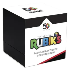 Rubiks Cube - 50 Jahre - 2 Oz Silber Antik Colored Coin 2024*