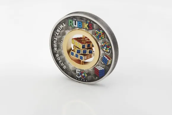 Rubiks Cube - 50 Jahre - 2 Oz Silber Antik Colored Coin 2024*
