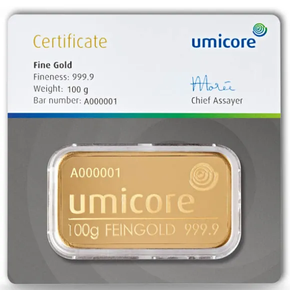 Umicore 100 Gramm Goldbarren