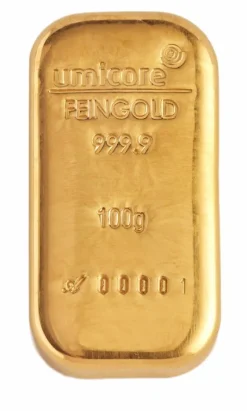 Umicore 100 Gramm Goldbarren gegossen