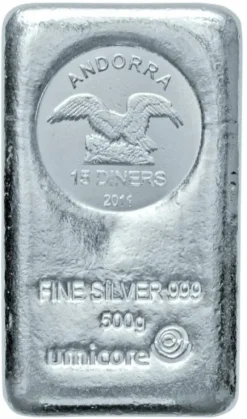 Umicore 500 Gramm Silber Münzbarren Andorra 15 Diners*